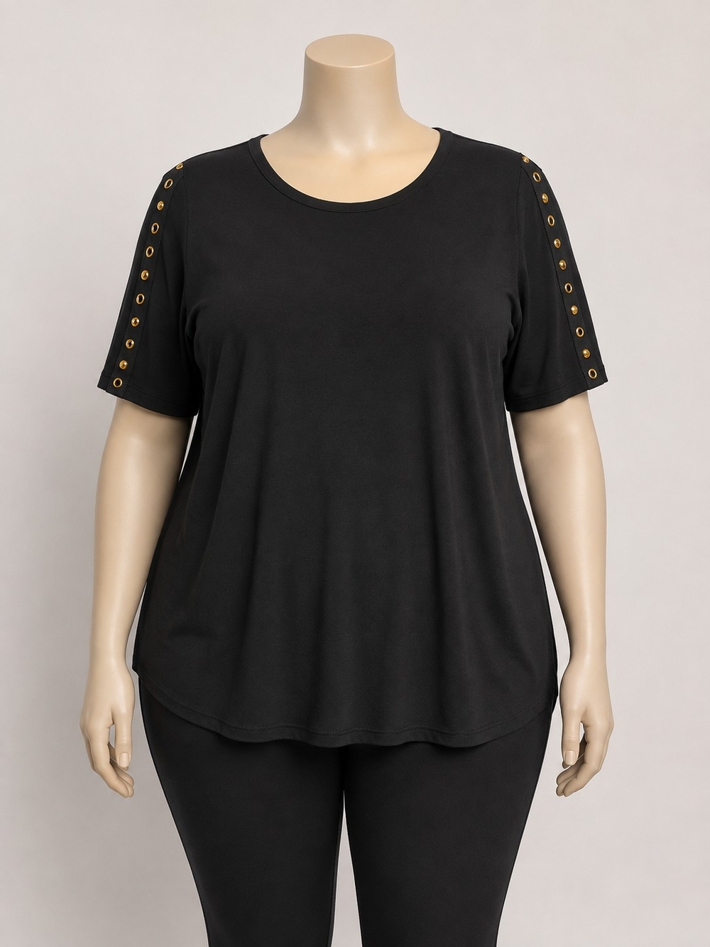 Black Short Sleeve Studded Detail Plus-Size Top
